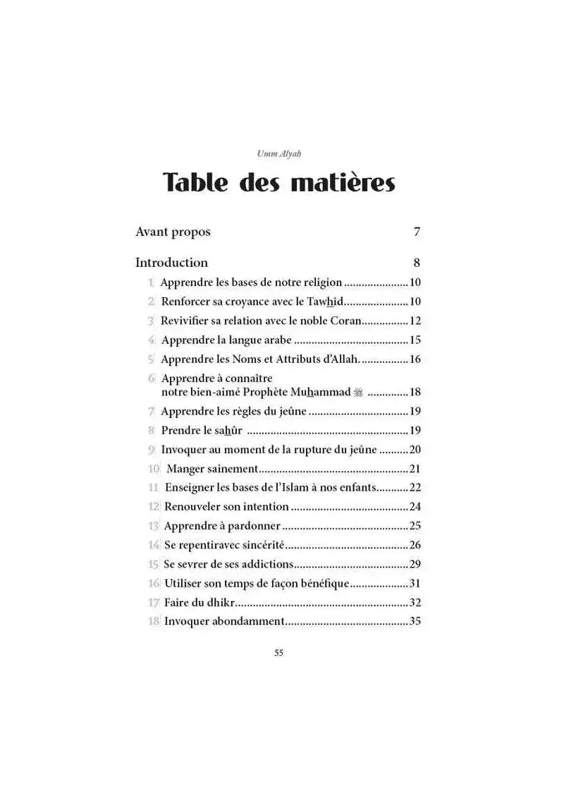 Page de table des matières en français listant des actions spirituelles pour le Ramadan, livre islamique.