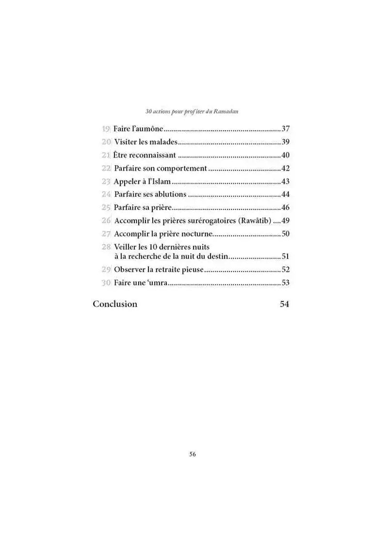 Sommaire de livre islamique listant 30 actions pour profiter du Ramadan, en texte français.