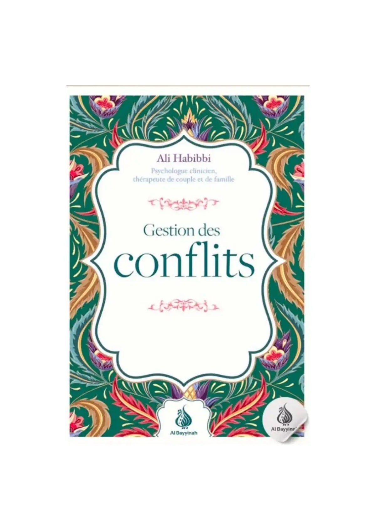 Livre 'Gestion des conflits' sur la psychologie musulmane, couverture colorée à motifs floraux.