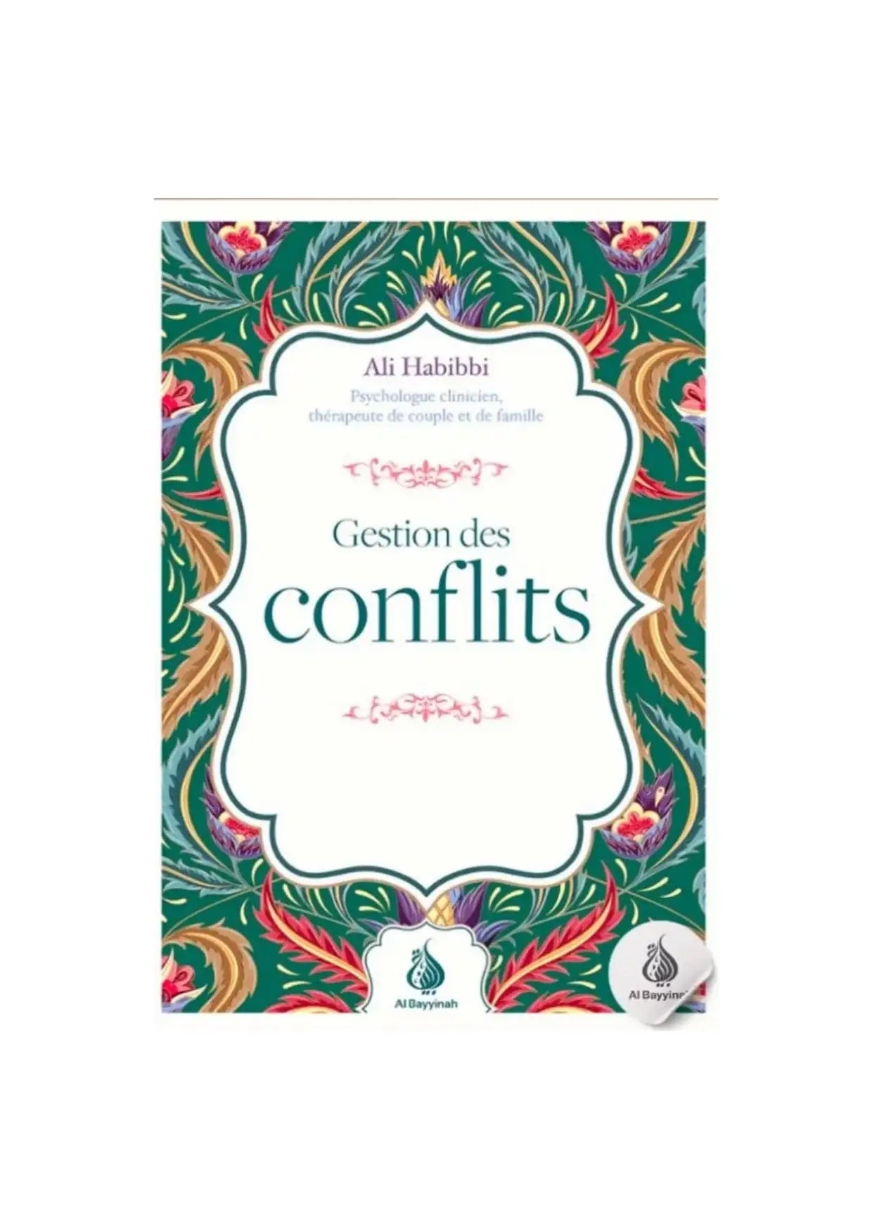Livre 'Gestion des conflits' sur la psychologie musulmane, couverture colorée à motifs floraux.