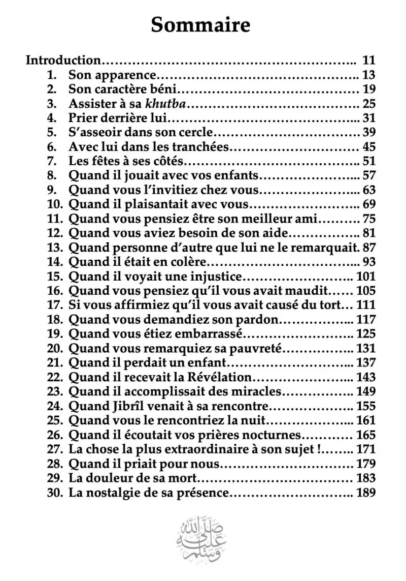 Table des matières en français d'un livre islamique, liste de chapitres sur la vie du Prophète, fond blanc, texte noir.