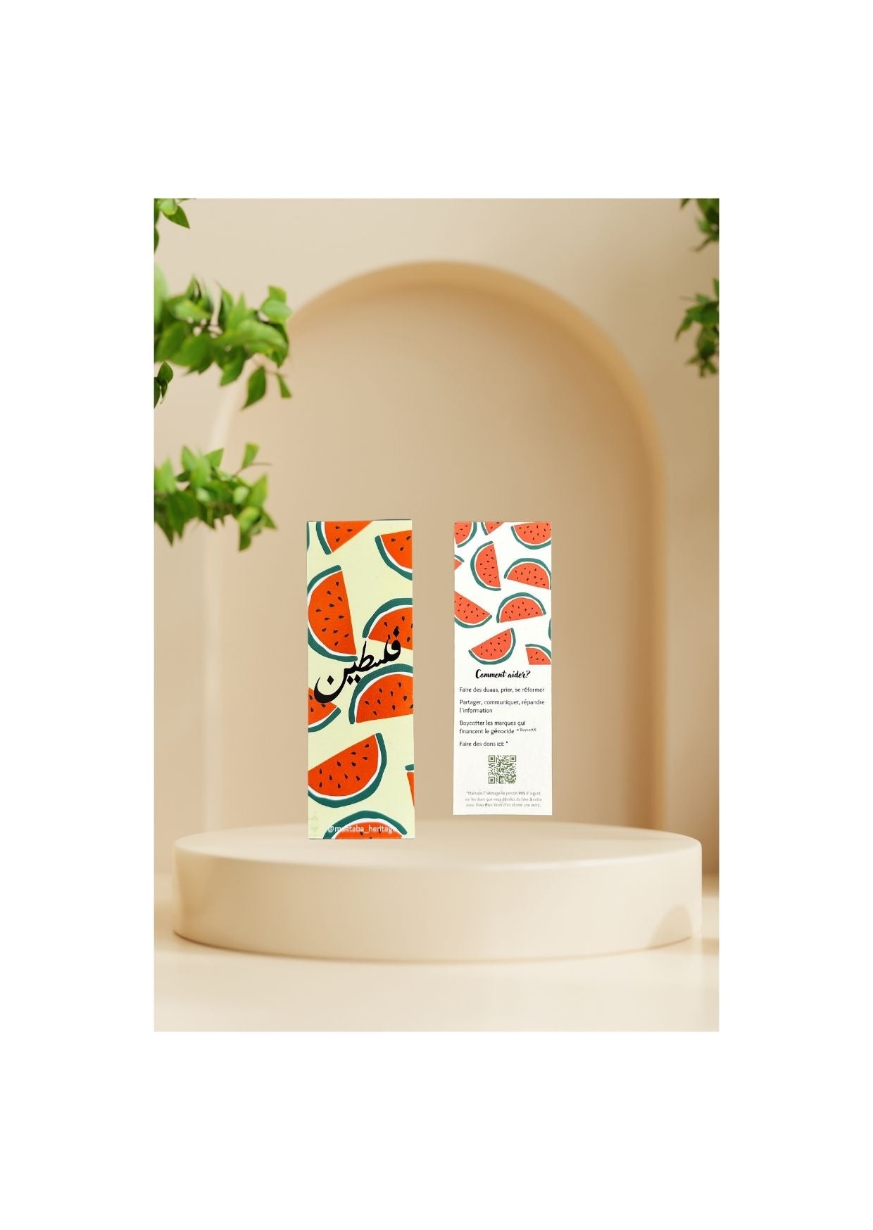 Marque-page motif pastèque – design artistique en soutien à la Palestine, recto-verso avec message solidaire et instructions d’aide