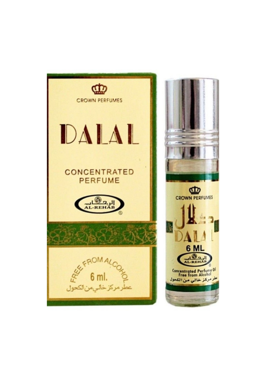 Parfum concentré Dalal de Crown Perfumes (Al-Rehab), flacon roll-on 6 ml, sans alcool, avec boîte verte et dorée.