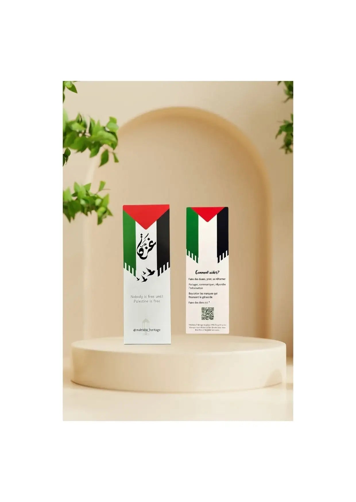 Marque-pages décoratifs aux couleurs du drapeau palestinien sur fond neutre, librairie islamique.