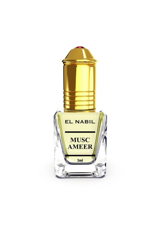  Flacon de parfum El Nabil Musc Ameer 5ml avec bouchon doré et bouteille en verre transparent