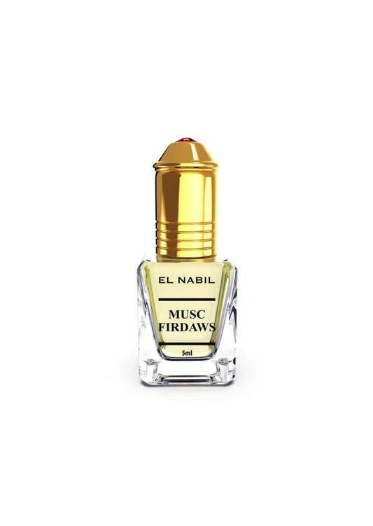 Flacon de parfum El Nabil Musc Firdaws 5ml avec bouchon doré et bouteille en verre transparent.