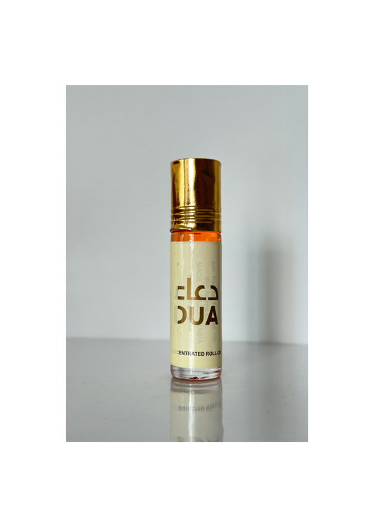 Flacon de parfum concentré roll-on Elodua avec bouchon doré et étiquette beige