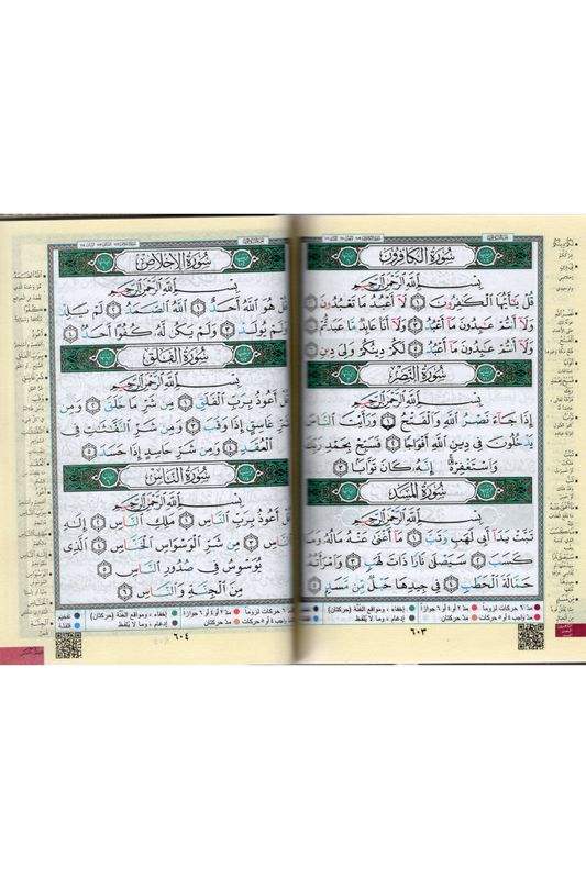 Pages intérieures d’un Coran tajwid avec texte arabe et annotations colorées pour la récitation.