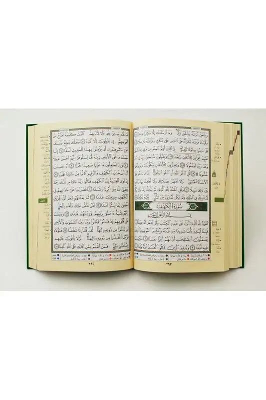 Pages intérieures d’un Coran tajwid arabe ouvert avec texte coranique et repères colorés