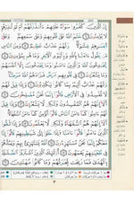 Page intérieure du Coran avec texte arabe, règles de tajwid en couleurs et légende explicative.
