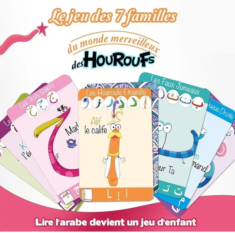 Cartes du jeu des 7 familles pour apprendre l’alphabet arabe avec les personnages du Monde des Houroufs, destiné aux enfants