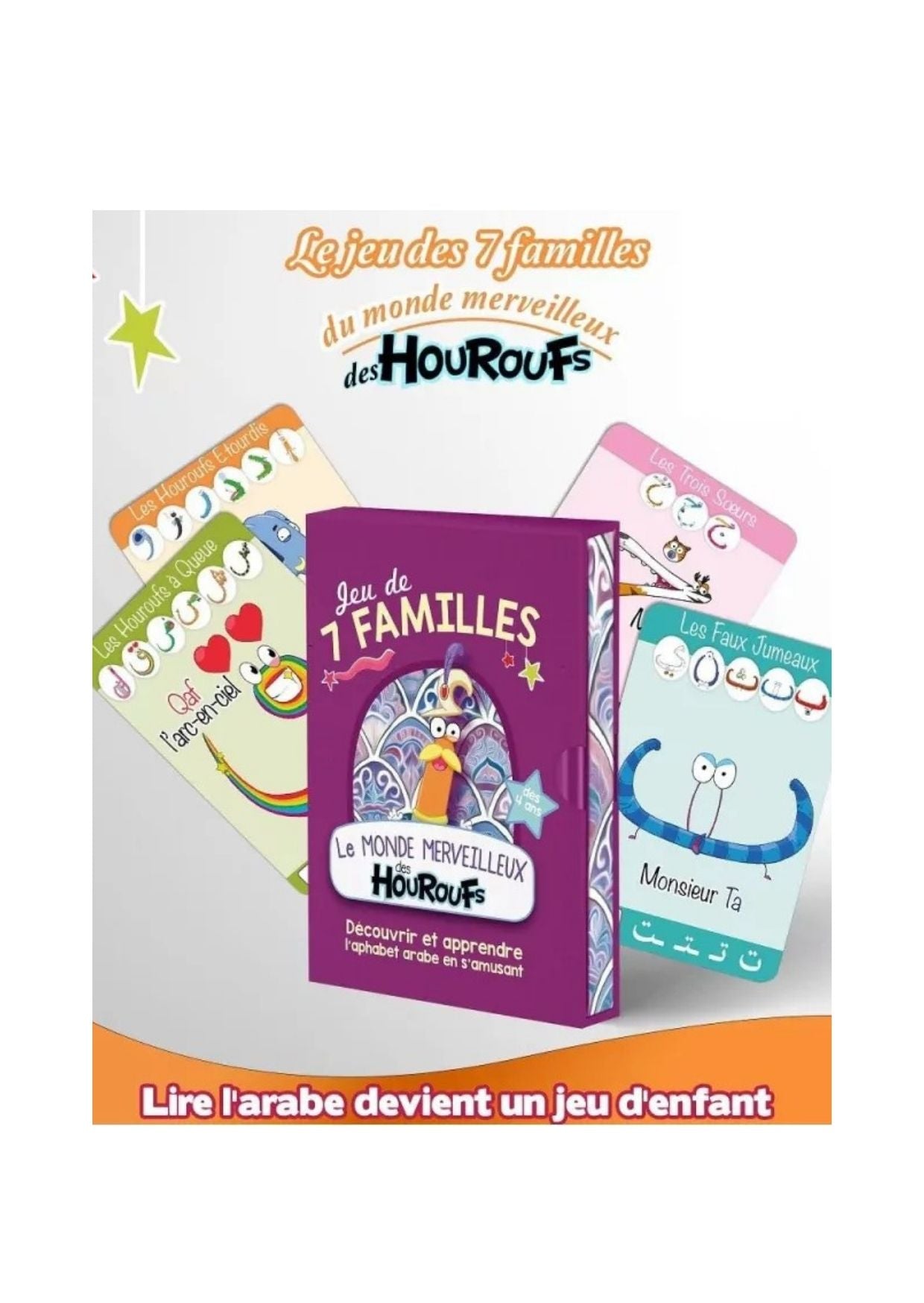Jeu des 7 familles pour enfants du Monde Merveilleux des Houroufs, pour apprendre l’alphabet arabe
