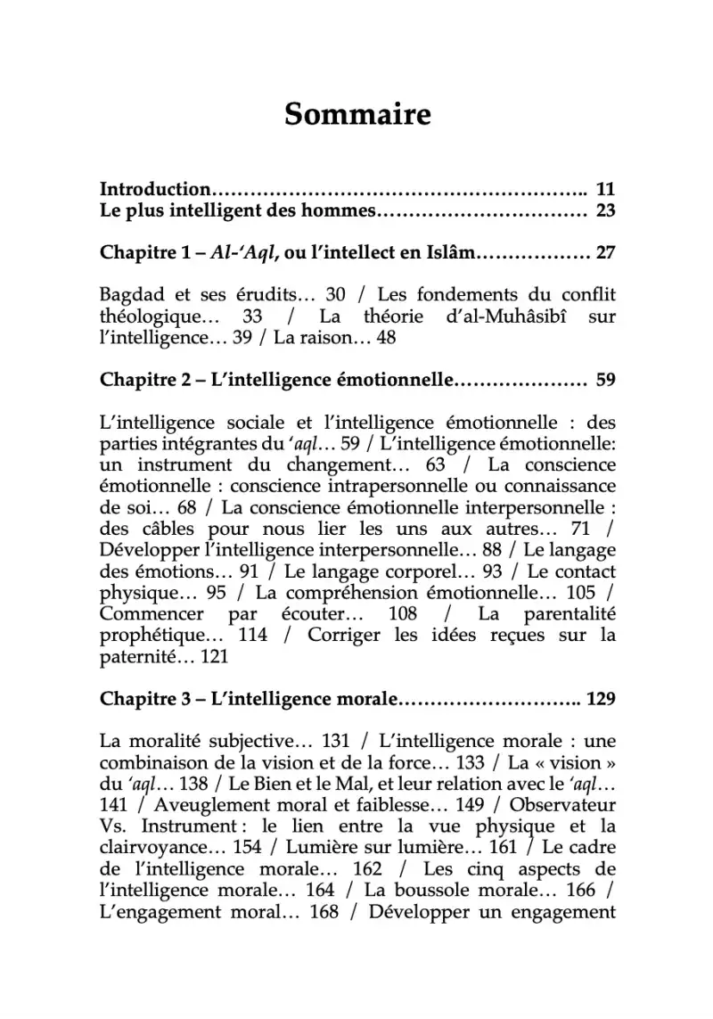 Table des matières d'un livre islamique sur l'intelligence morale et émotionnelle, avec chapitres détaillés.
