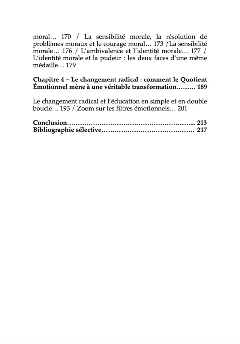 Page d'index d'un livre en français sur l'intelligence morale, émotionnelle et le changement radical.