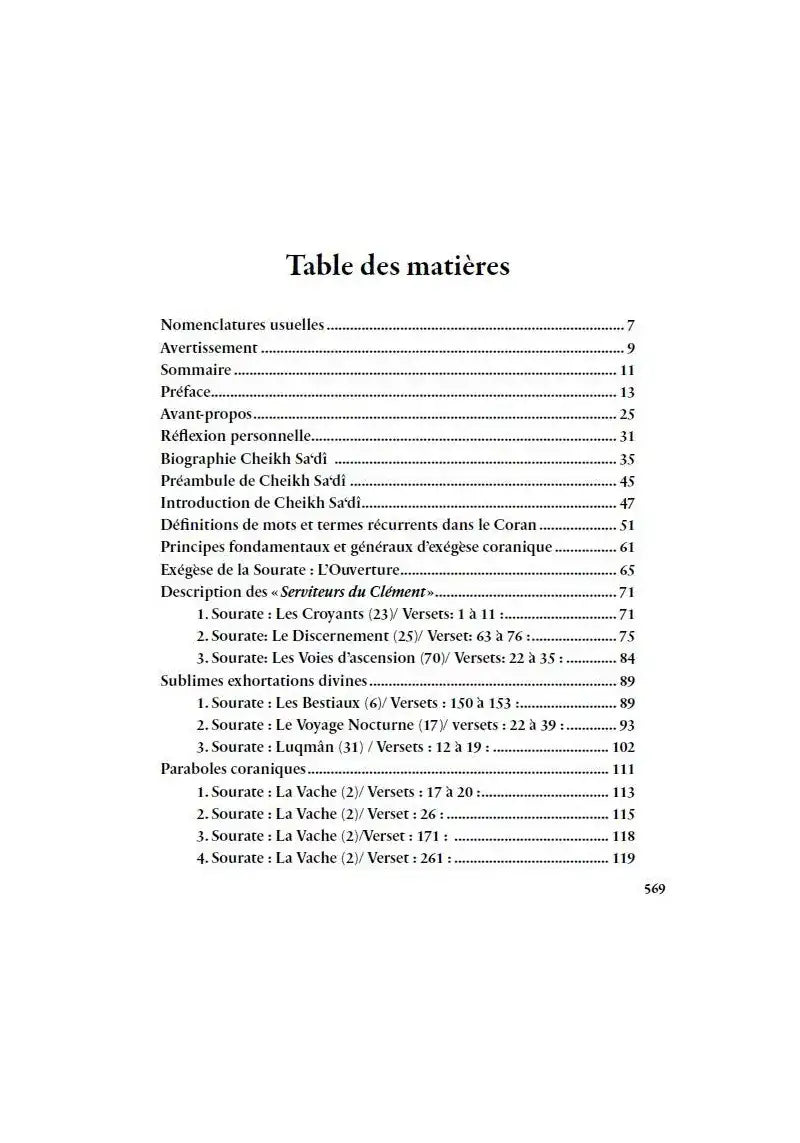 Table des matières d'un livre islamique en français, sections sur le Coran, exégèse et sourates.