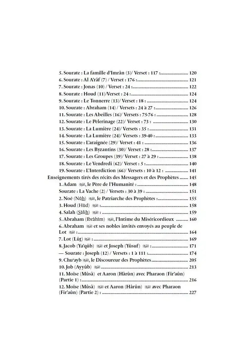 Table des matières en français d'un livre islamique, titres de sourates et versets coraniques.