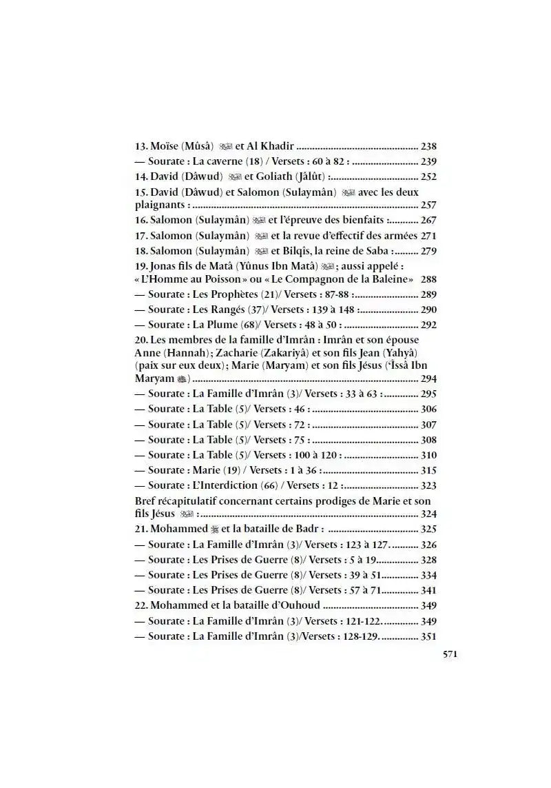 Page de sommaire en français d'un livre islamique listant les histoires de prophètes et versets coraniques.