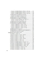 Page d’index de livre islamique listant sourates et versets du Coran, texte en français.