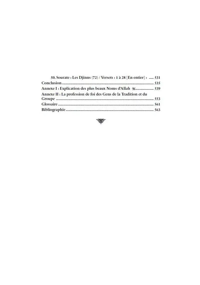 Page de sommaire d'un livre islamique avec titres sur sourate Les Djinns, annexe, glossaire et bibliographie.