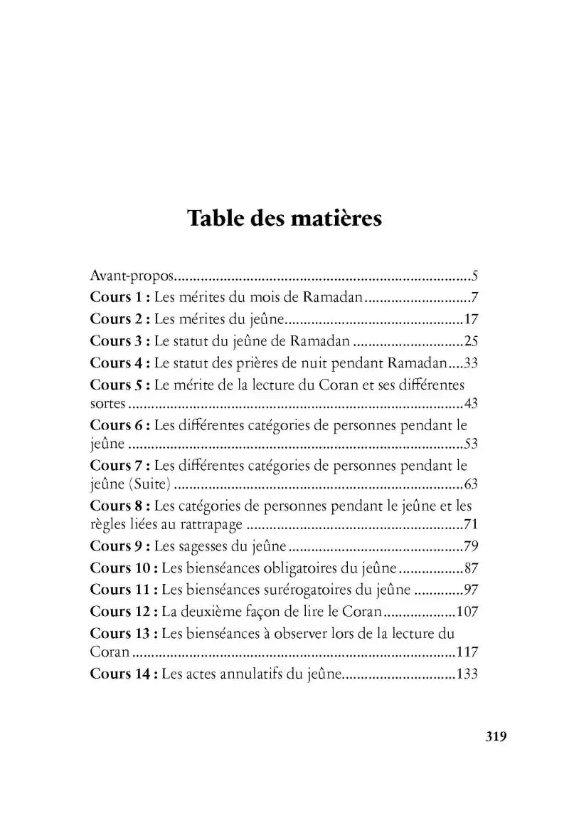 Page du livre montrant la table des matières sur le Ramadan, le jeûne et le Coran.