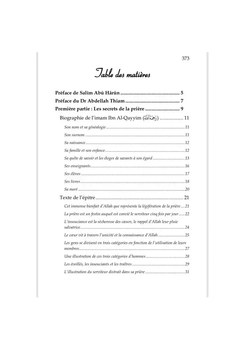 Page de table des matières d’un livre islamique en français sur la prière, biographie et épître