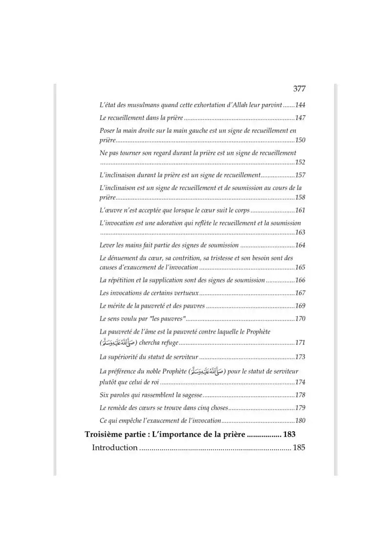 Page de sommaire d'un livre islamique en français sur la prière, avec titres et numéros de page