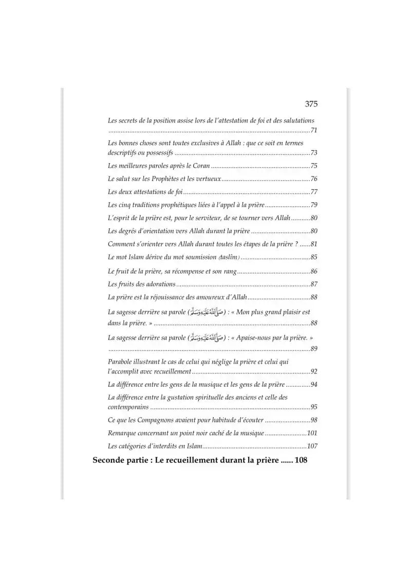 Page d’index d’un livre islamique en français, sujets sur la prière, adoration et Coran.