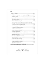Table des matières d'un livre islamique français sur la prière, page blanche avec titres de chapitres