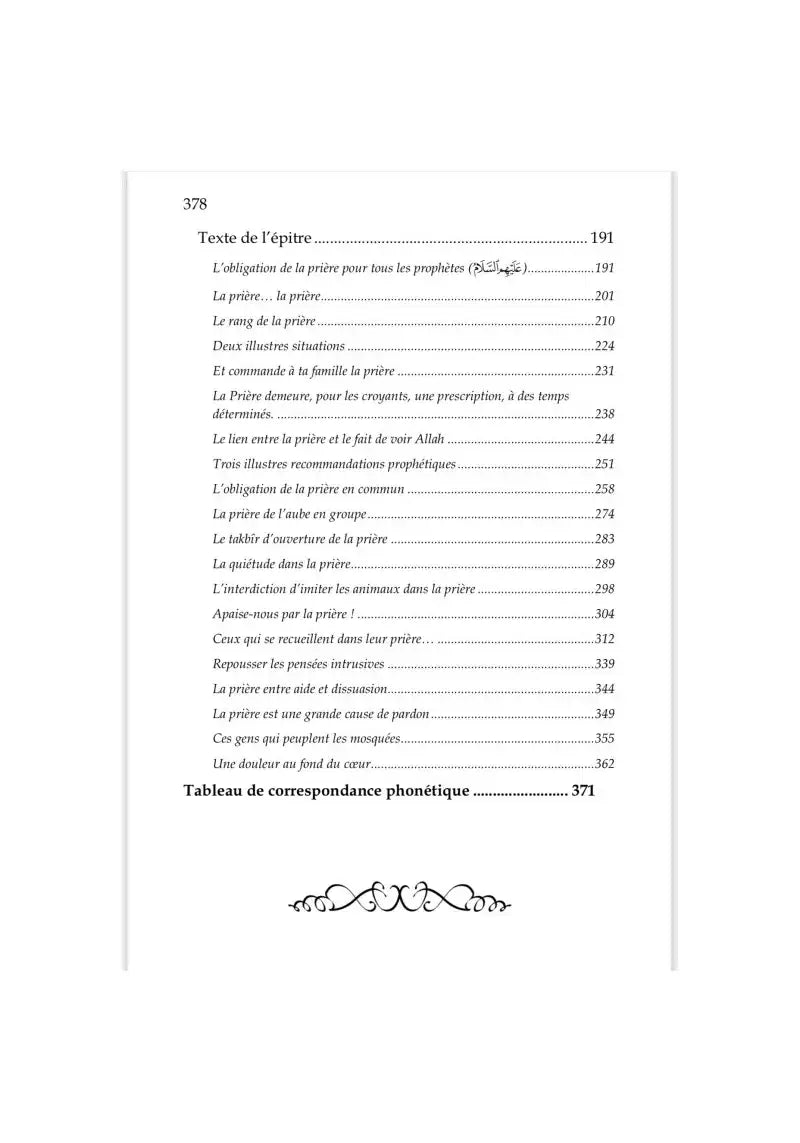 Table des matières d'un livre islamique français sur la prière, page blanche avec titres de chapitres