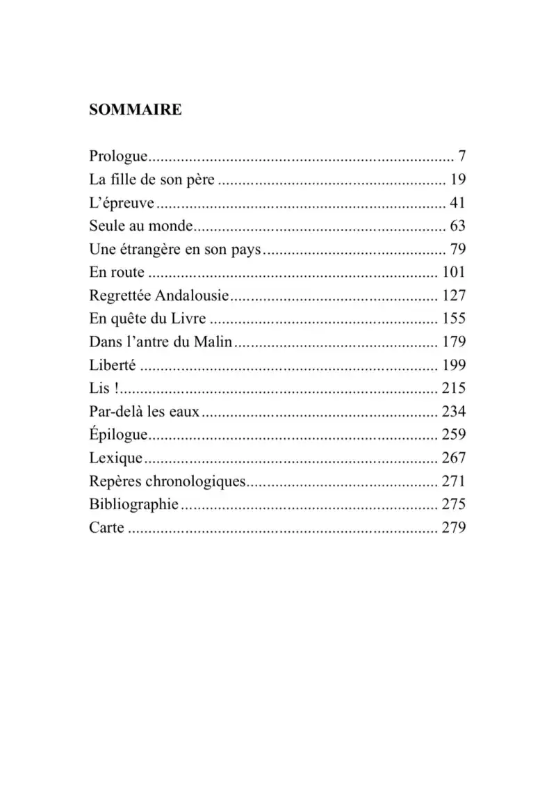 Table des matières d'un livre islamique en français, avec titres de chapitres et numéros de page.