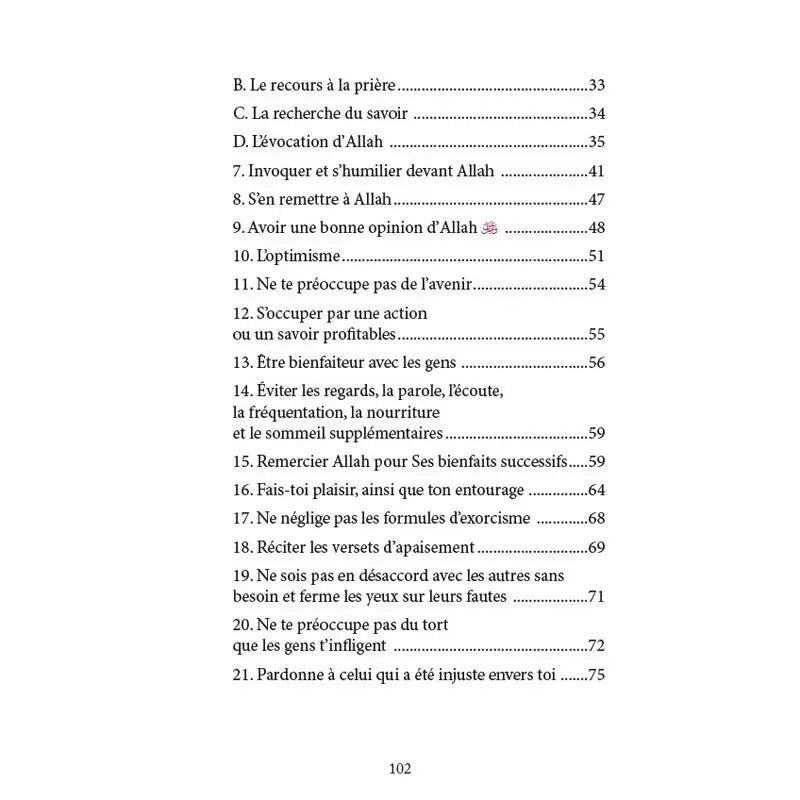 Page de sommaire en français d’un livre islamique, conseils et thèmes spirituels listés.
