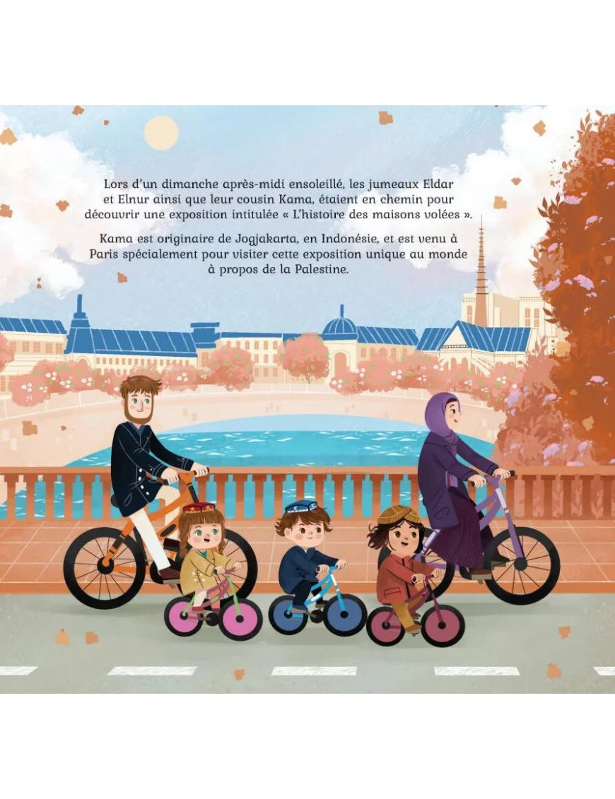 Illustration intérieure du livre "L'Histoire des Maisons Volées" montrant des enfants et adultes à vélo en route pour une exposition sur la Palestine à Paris