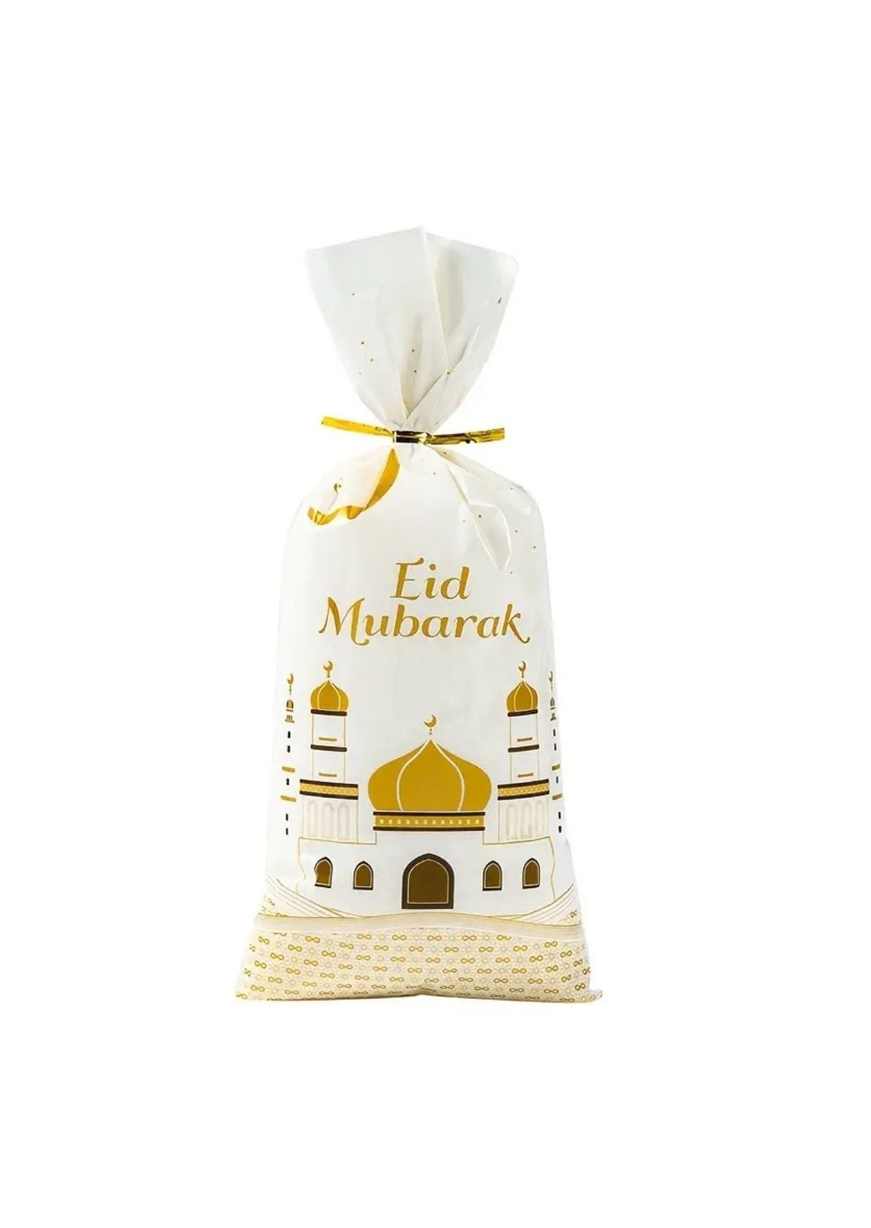 Sachet cadeau Eid Mubarak blanc et doré avec illustration de mosquée et croissant de lune, fermeture avec ruban doré