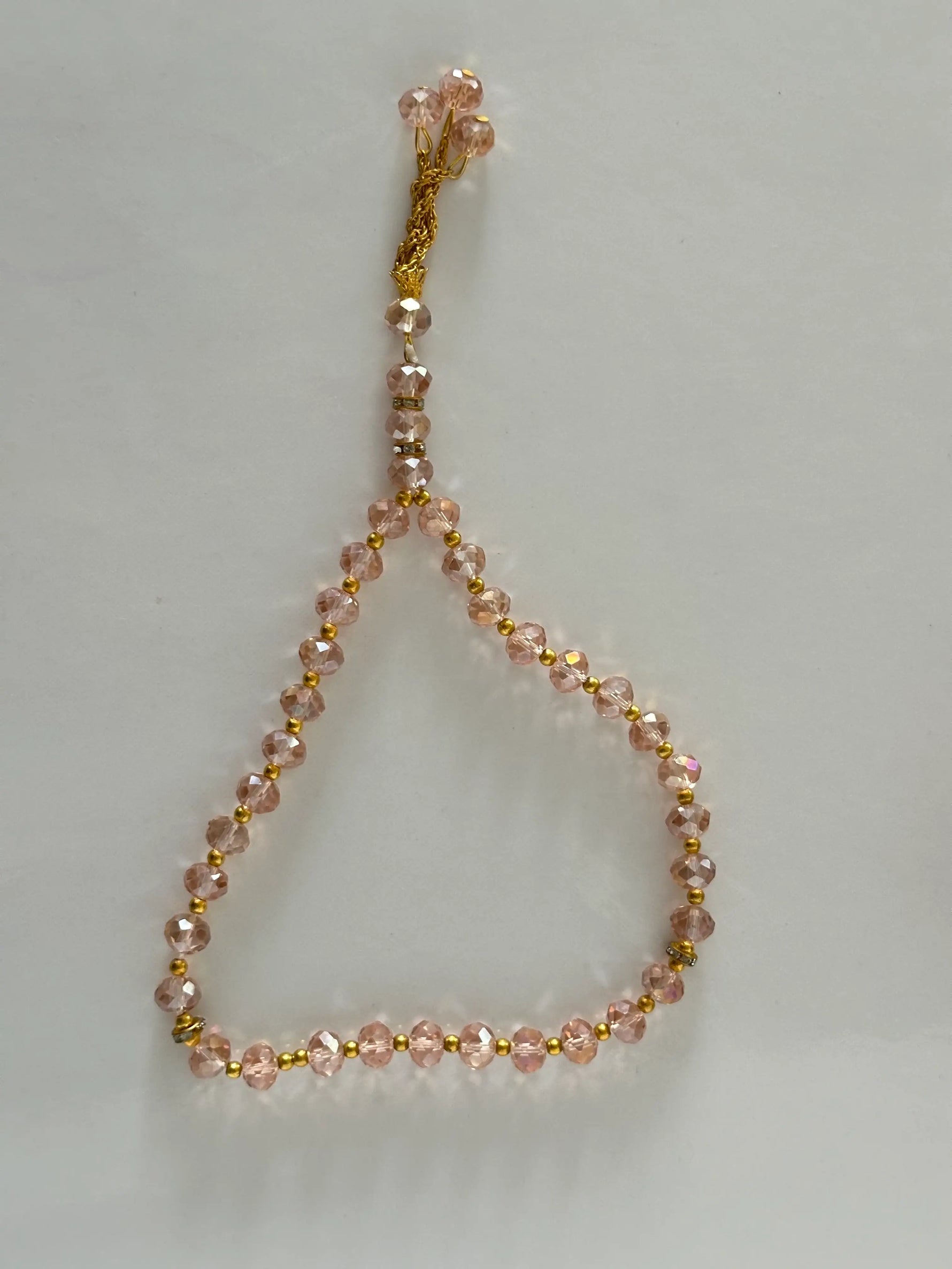 Chapelet musulman tasbih en perles roses scintillantes, 33 billes, séparateurs dorés, cordon tressé doré