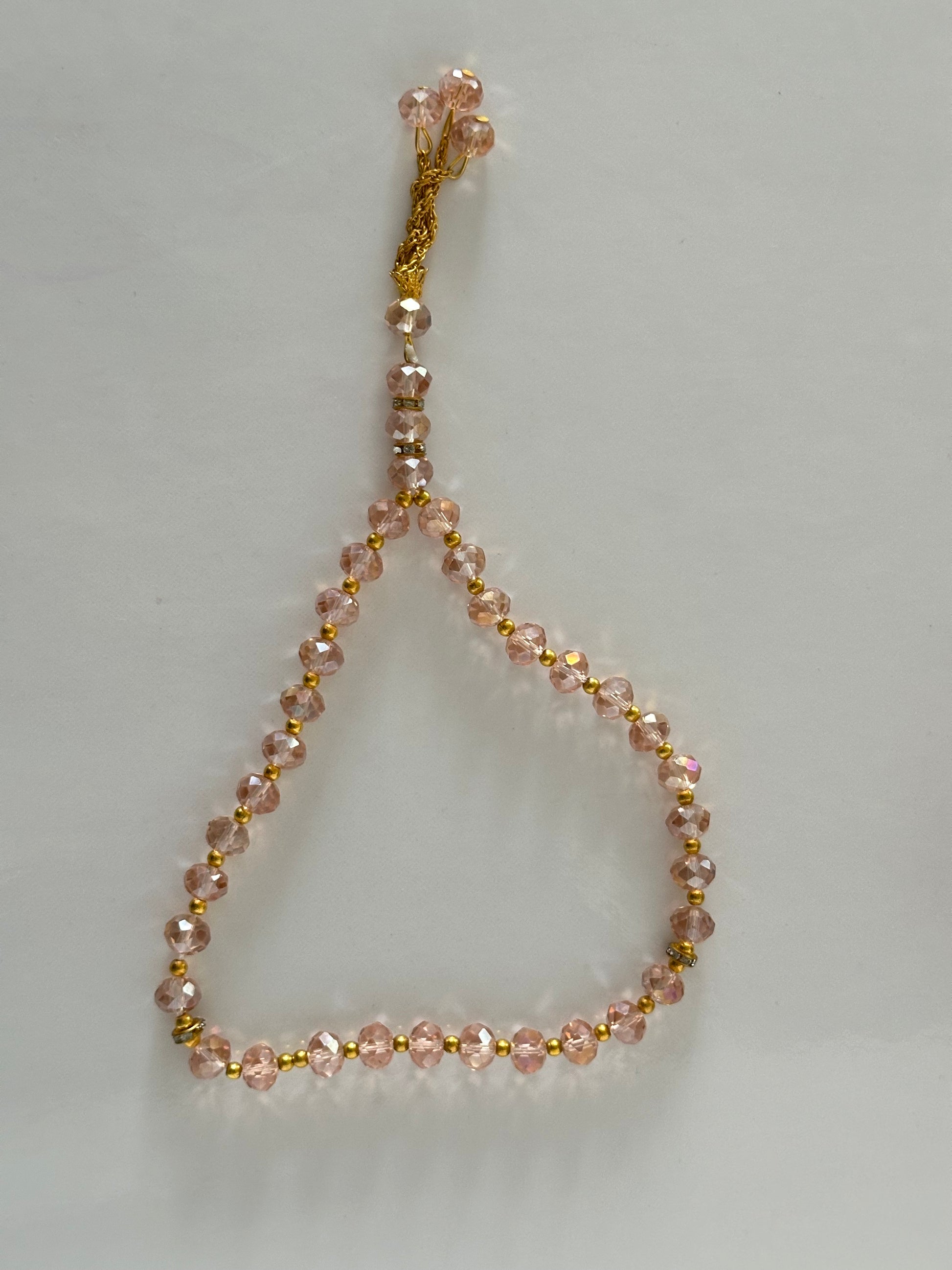 Chapelet musulman tasbih en perles roses scintillantes, 33 billes, séparateurs dorés, cordon tressé doré