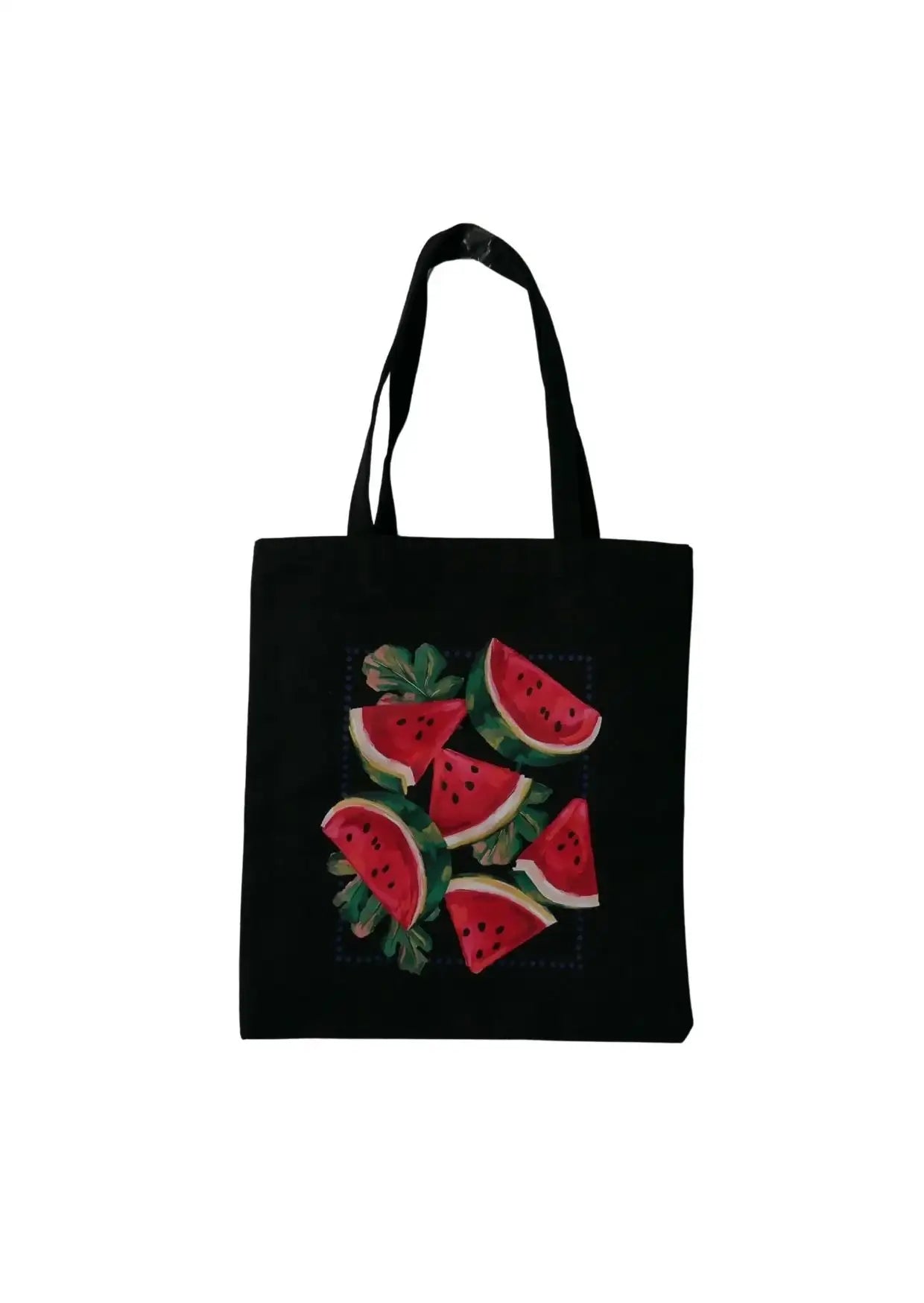  Black tote bag with vibrant watermelon slice design.