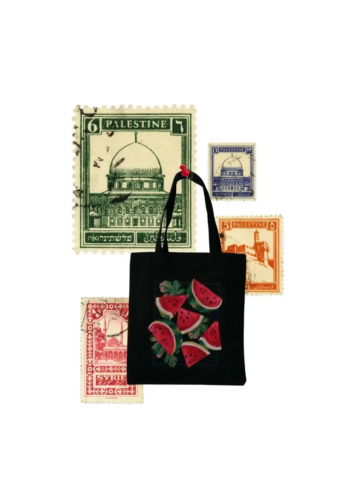 t: Black tote bag featuring watermelon slices, displayed on a collage of vintage Palestine postage stamps.
