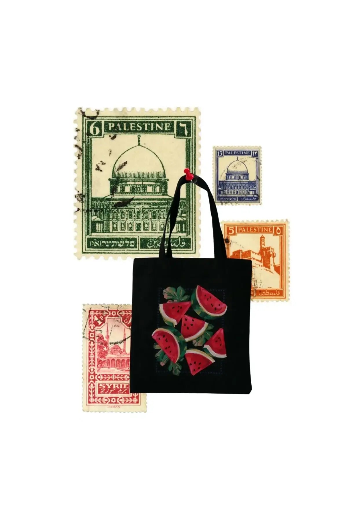 t: Black tote bag featuring watermelon slices, displayed on a collage of vintage Palestine postage stamps.
